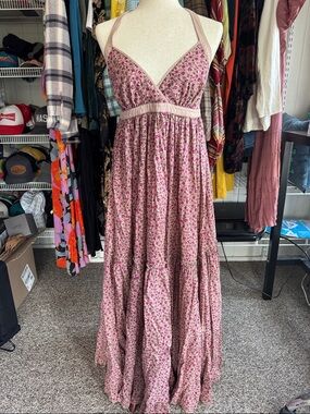 Festival ReadyModa International Pink Floral Halter Maxi Dress with Empire Waist